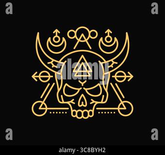 Esoterische Linie Symbol für Tarotkarten und mystisches Boho Tattoo, Vektorschädel okkultes Zeichen. Astrologie magisches Symbol des Schädels mit Teufelshörnern und himmlische Symbole für Tarotkarten, Esoterik und Hexerei Stock Vektor