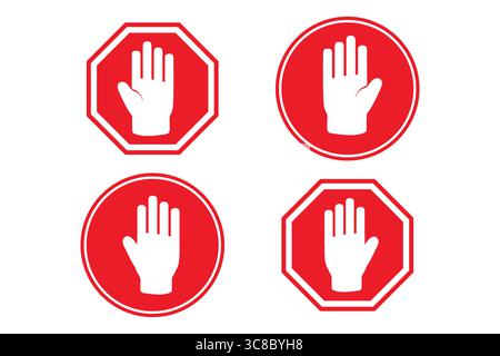 Vier rote Stoppschilder mit erhobener Hand. Stock Vektor