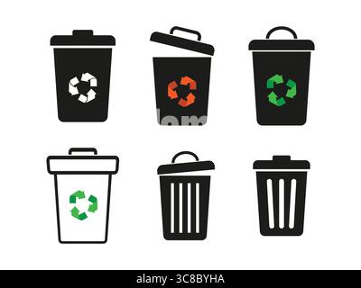 Sammlung von Symbolen für Recycling- und Abfallbehälter. Stock Vektor