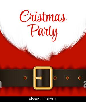 Realistischer Weihnachtsbart und Weihnachtskostüm. Vector Xmas Weihnachtsplakat mit fetten Vater Noel Belly, ikonischem rotem Anzug, weißem Pelzbesatz und schwarzem Gürtel mit goldener Schnalle. Vorlage für Parteieinladung Stock Vektor