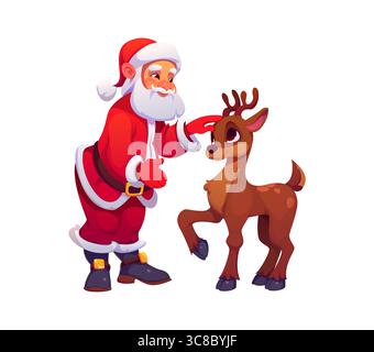 Cartoon Weihnachtsmann lächelt und streichelt sanft ein freundliches Rentier. Vektor herzzerreißende festliche Szene voller Freude und Weihnachtsstimmung, saisonaler Grüße und Spaß Stock Vektor