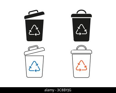Four Recycling Bins Icons in Black, White, Blue, and Orange. Stock Vektor
