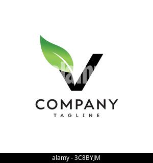 Design mit Buchstabe V und leuchtendem grünen Blatt Stock Vektor