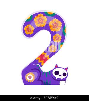 Tag der Toten Font toter Katzenschädel, Ringelblumenschmuck Ziffer 2 2. Mexikanische Death Holiday Schriftart Vektorziffer, Dia de Los Muertos Schriftzeichen Zahlensymbol. Tag der toten Karnevalsnummer Stock Vektor