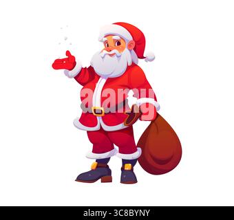 Cartoon Weihnachtsmann Figur mit Weihnachtsgeschenktasche. Vektor fröhlicher Weihnachtsmann in traditioneller roter Kleidung, mit braunem Sack, verströmt festlichen Beifall, bereit für Geschenke und Feier Stock Vektor