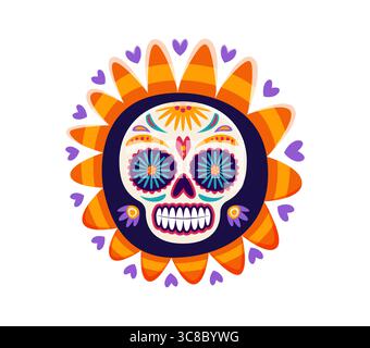 Tag der toten Blume und Zuckerschädel Zahl 0 Null. Mexikanischer Tag der Toten Karneval Schriftart Vektornummer, Dia de Los Muertos Schriftzeichen Ziffer. Mexiko Death Festival Mathematik Schriftzeichen Stock Vektor