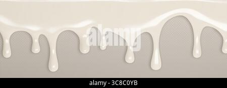 Illustration der schmelzenden Eistropfen – weiße Flüssigkeit tropft von oben in realistischer Farbe für süße Desserts, Milchprodukte oder gefrorenen Joghurt. Cremige Zuckerglasur oder Topping-Textur. Stock Vektor