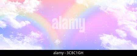 Regenbogenhimmel-Einhorn-Traumlandschaft mit Pastellverlauf. Flauschige weiße Wolken, die durch eine magische Atmosphäre schweben, mit funkelnden Sternen vor ätherischer Kulisse für ein kindliches Fantasy-Design. Stock Vektor