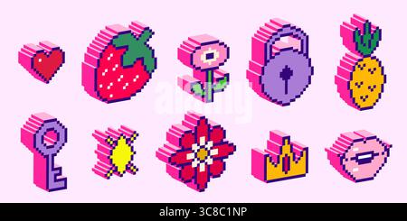 Isometrische Pixel-Art-Symbole im 3D-Stil - lila Schloss und rotes Herz, Erdbeere, Lippen und lila Schlüssel, Gänseblümchenblümchen, Ananas, goldene Krone und Stern funkeln für Design-Elemente im Retro-Gaming-Design. Stock Vektor