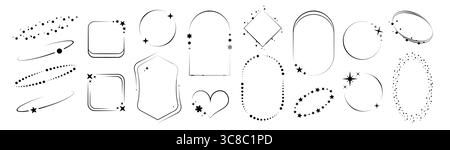Schwarze Rahmenlinien mit Sternen, Herzen und Himmelskreisen - minimalistische Aura-Designs in ovalen, rechteckigen und rautenförmigen Formen. Unscharfe funkelnde Elemente, geometrische Umrisse für mystische Grafiken. Stock Vektor
