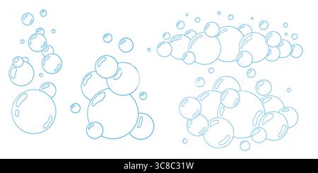 Seifenblasensammlung für Linienzeichnung. Blaue Wasserblasen mit Glitzereffekt im Doodle-Stil. Vektorumrisse für Badartikel-Branding, Werbung für Limonaden Stock Vektor