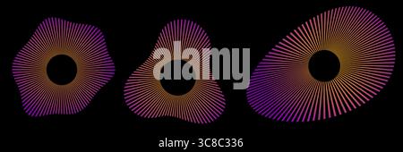 Abstrakte Welligkeit mit konzentrischen unterbrochenen Kreisen. Vibration, Schallwelle, Echo, Sonar, Dezibel, und Volumenpiktogramme für Equalizer, Radar und Stock Vektor