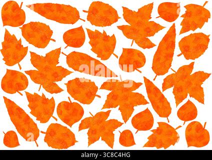 Set aus verschiedenen trockenen Blättern. Mit farbigen Bleistiften gezeichnet. Unterschiedliche Texturen von Kreuzstrichen. Orangefarbene Farben. Chaotisch auf weißem Hintergrund platziert. Lea Stockfoto