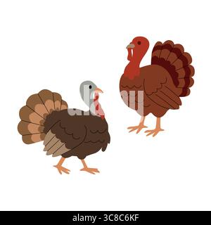 Flache Abbildung von zwei Puten in warmen Braun- und Rottönen, jeweils in einer anderen Position. Einfacher Zeichentrickstil, perfekt für Thanksgiving-Themen, Bauernhof Stock Vektor