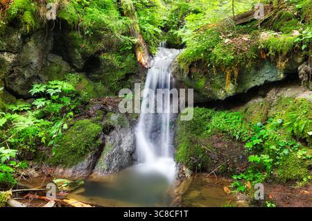 Atemberaubende Landschaft des Hrabovo Wasserfalls, der durch felsige Berge in einem grünen Wald fließt. Lage Ort in Malino Brdo, Ruzomberok, Slowakei, Europa. Stockfoto