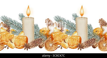 Kerze, Mandarine, Tannenzweig und Lebkuchen nahtlose Borte, Aquarellzeichnung. Ideal für Weihnachtspapier, festliche Karten, Banner, Einladungen Stockfoto