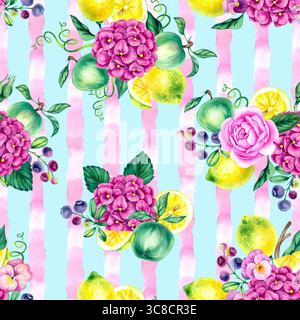 Nahtloses Aquarellmuster mit Rosen, Hortensien, Äpfeln, Zitronen und Heidelbeeren umgeben von Grün. Warme Atmosphäre des Landhauses Gemütlichkeit A Stockfoto