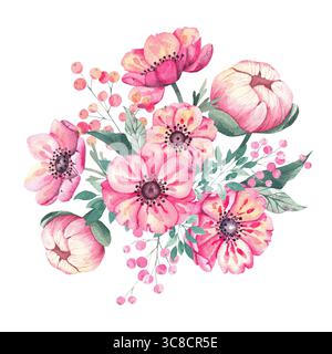 Bouquet mit Beeren und Anemonen Aquarell. Perfekt für Heimwerkerprojekte, Karten, Einladungen, Poster, Scrapbooking, Branding, Verpackung. Blumen blühen Stockfoto