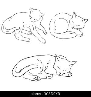 Katzen in verschiedenen Posen, schwarze und weiße Tusche. Vektorabbildung. Die Silhouetten sind in einem einfachen linearen Stil auf einem weißen Stock Vektor