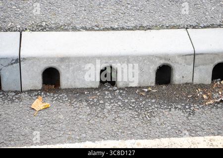 Reinigen Sie die Wasserablassabdeckungen auf dem Straßenbelag Stockfoto