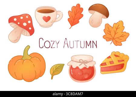 Niedlicher Herbstclipart mit Kürbis, Pilzen, Kuchen, Becher, Marmelade und Herbstblättern. Ideal für saisonale Dekorationen oder cottagecore-Designs. Stock Vektor