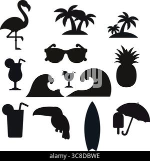 Diese lebendige Illustration zeigt eine Sammlung tropischer Silhouetten, darunter Flamingo, Palmen, Wellen, Sonnenbrillen, Cocktails. Stock Vektor