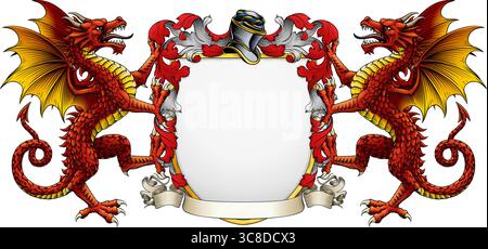 Drachenwappenschild Wappen Wappen Wappen Wappen Wappen Wappen Wappen Wappen Wappen Wappen Wappen Wappen Wappen Stock Vektor