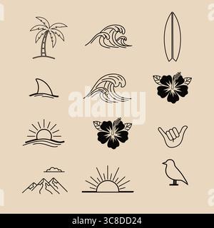 Eine stilvolle grafische Illustration mit einer Sammlung von 12 Ikonen im Strandmotiv, darunter Palmen, Wellen, Surfbretter, eine Haiflosse, hibiskusblüten. Stock Vektor