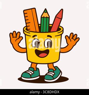 Niedliches Bleistiftbecher Cartoon Maskottchen mit Schulbedarf. Vektorabbildung. Stock Vektor
