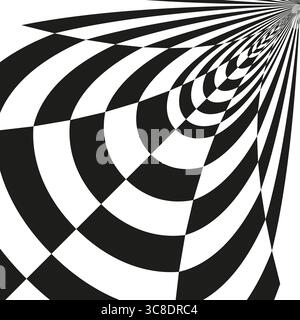 Vortex-Muster im Schachbrett. Verformte abstrakte Form. Schwarz-weißer Vektor. Verzerrte geometrische Illusion. EPS 10. Stock Vektor