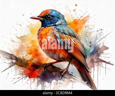 Lebendiges Vogelaquarell auf Zweig mit farbenfrohem abstraktem Hintergrund Stockfoto