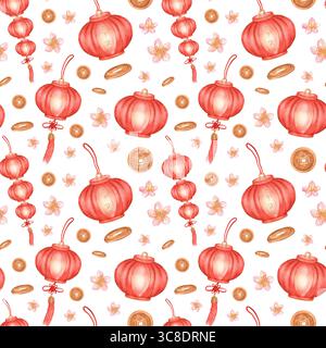 Nahtloses Muster mit rotem Aquarell, chinesischer Papierlaterne, Kirschblüten, chinesischen Münzen. Clipart zum Neujahrsmond. Handgezeichnete Aquarellillustration Stockfoto