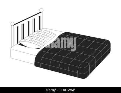 Ordentlich gefertigtes Einzelbett mit hölzernem Kopfteil, 2D-Zeilenobjekt Stock Vektor