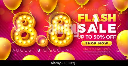Flash Sale Shopping Day Banner Design mit 3D 8,8 Glühbirne Reklametafelnummer und Party Ballon auf rotem Hintergrund. Vector 8 August Sonderangebot Stock Vektor
