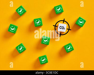 Grüne Recyclingsymbole umgeben einen gezielten CO2-Emissionsblock und verdeutlichen die Bedeutung der Kreislaufwirtschaft für die Verringerung des CO2-Fußabdrucks. Targeting Stockfoto