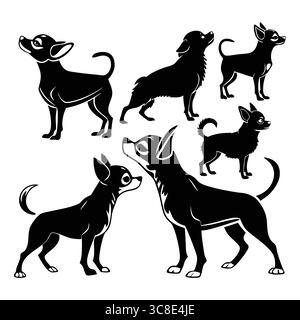 Set mit stilisierten Apfelkopf Chihuahua Hund Silhouetten in verschiedenen Posen und Illustrationen Stock Vektor