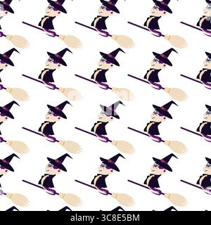 Schlange in der Hexe Blick fliegt auf Besen nahtlose Muster Halloween Feiertag Hintergrund oder Hintergrund. Isolierte Vektor-Illustration Halloween Gruß Thematische Karten Party Einladung Banner, Faltblätter, Etikett Stock Vektor