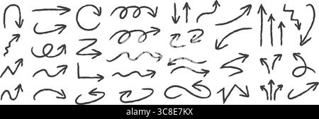 Pfeile handgezeichneter Kreidekreide handgeschriebener Stil. Verwirrung Pfeilrichtung Form strukturierte Linie nach oben und unten Symbol Vektor-Illustration Stock Vektor