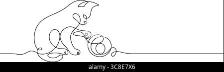 Katze, die Strickkunst aus Wolle spielt, kontinuierliche Zeichnung Minimalismus dekorativ Stock Vektor