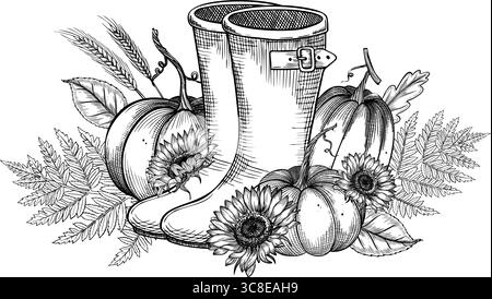 Vektor-Herbstillustration mit Kürbissen. Lineare Zeichnung von Sonnenblumen und Gummistiefeln. Ätzen mit Herbstlaub und Weizen für Erntefest-Grußkarten oder Einladungen. Rustikale Gravur. Stock Vektor