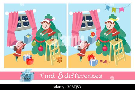 8 Unterschiede finden. Spiel für Kinder. Elfen schmücken den Weihnachtsbaum mit Spielzeug. Handgezeichnete Vektorillustration. Stock Vektor