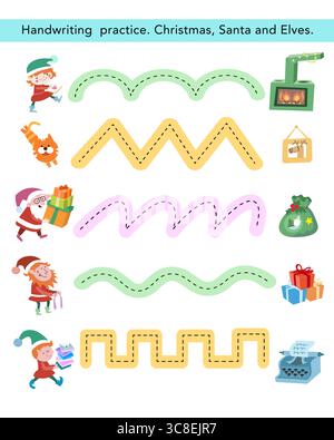 Hilf Elfen und Weihnachtsmann - zeichne Linien. Schreibpraxis. Weihnachtsfiguren und Zeichentrickfiguren. Vektorabbildung. Stock Vektor