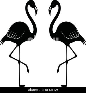 Eine minimalistische schwarze Silhouette Vektor-Illustration mit zwei Flamingos, die auf einem Bein stehen und sich gegenüberstehen. Stock Vektor