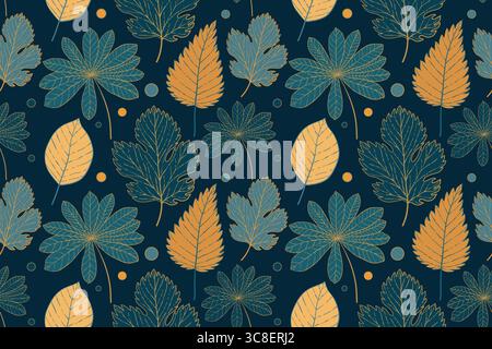 Luxuriöses Blau hinterlässt ein nahtloses Muster. Botanic Leves-Muster. Goldene und blaue Linien-Kunst-Pflanzenblätter und Blattvektormuster. Gliederung Stock Vektor