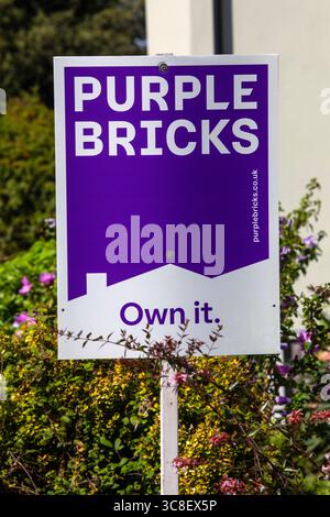 Essex, Großbritannien - 29. August 2024: Ein Immobilienmakler in Purple Bricks unterschreibt vor einer Immobilie zum Verkauf in Großbritannien. Stockfoto