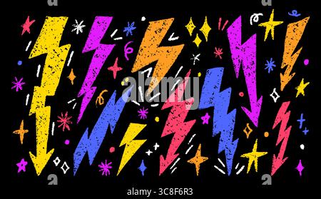 Leuchtende Blitze und Sternmuster, gezeichnet mit Buntstift-Textur vor schwarzem Hintergrund, vermitteln Energie, Kreativität und dynamische Vibes. V Stock Vektor