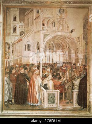ALTICHIERO da Zevio (* 1330, Zevio, d. ca 1390, Verona) Tod der Heiligen Lucy 1379-84 Fresco, 237 x 290 cm Oratorium di San Giorgio, Padua Eine Kapelle (Oratorium) wurde vor der Basilika des Heiligen Antonius im Jahr 1377 errichtet. Die Kapelle wurde von Altichiero und seiner Werkstatt mit Fresken geschmückt, die das Leben Christi und der drei Heiligen, St. Georg, Katharina und Lucy, zeigen. *** Stichwörter: ************* Autor: ALTICHIERO da Zevio Titel: Tod von St. Lucy Zeitlinie: 1351-1400 Schule: Italienisch Form: Malerei Typ: Religiös Stockfoto