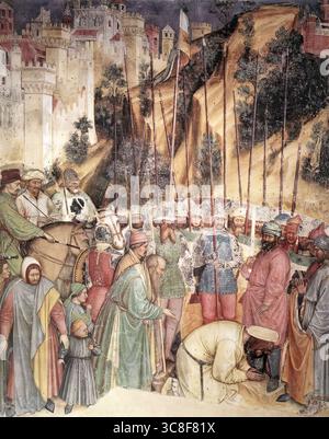 ALTICHIERO da Zevio (* ca. 1330, Zevio, d. ca. 1390, Verona) die Hinrichtung des Heiligen Georg um 1380 Fresko Oratorio di San Giorgio, Padua Fresken, die Szenen aus dem Leben des Heiligen Georg zeigen, schmücken die Wände der Kapelle, die von der Familie Lupi, die Grafen von Soragna, in der Sakristei der Basilika del Santo errichtet wurde. Altichiero arbeitete erneut mit Avanzo zusammen, einem Paduaner Maler, mit dem er einige Jahre zuvor die Fresken in der Kapelle St. Felice im rechten Querschiff der Basilika del Santo gemalt hatte. Hier zeigt Altichiero interessanterweise den Einfluss von Giotto in der so Stockfoto