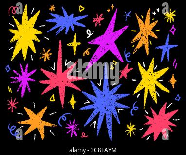 Lebendige handgezeichnete Sterne und abstrakte Formen, Füllstoffe in verschiedenen hellen Farben, die ein verspieltes und dynamisches Design schaffen. Perfekt für kreative Projekte, BA Stock Vektor