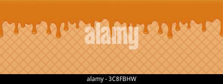 Vektor-Illustration mit einem orangen Karamell Tropffekt über einem Waffelmuster Hintergrund, perfekt für Dessert, Süßigkeiten und süße Produktpräsenta Stock Vektor